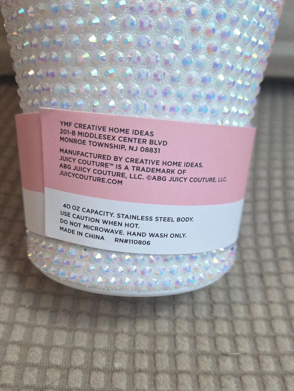 NWT Juicy Couture Iridescent Crystal Hot/Cold 40 oz. Cup with White Handle